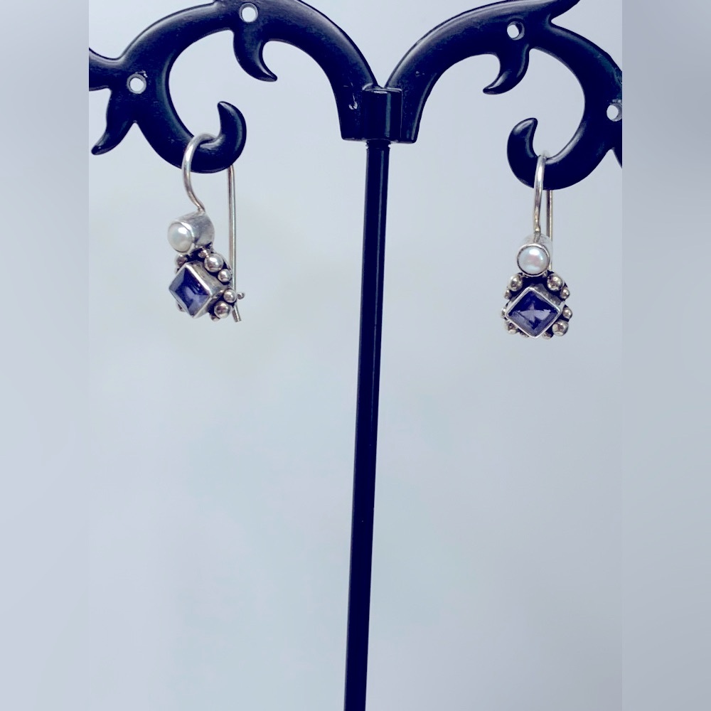 Silpada Vintage RARE Sterling Silver Iolite & Pearl Locking Wire Earrings
